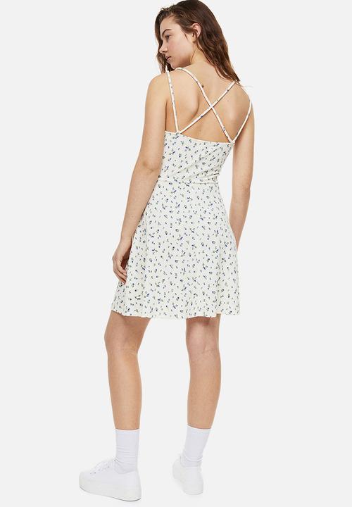 H&M - Crinkled drawstring-detail dress - cream/floral