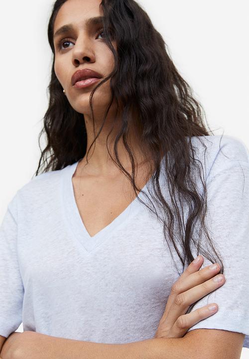 H&M - V-neck linen-jersey T-shirt - light blue 