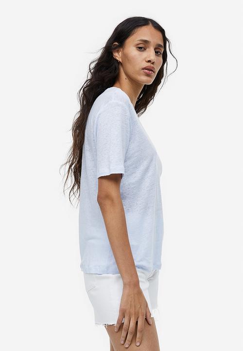 H&M - V-neck linen-jersey T-shirt - light blue 