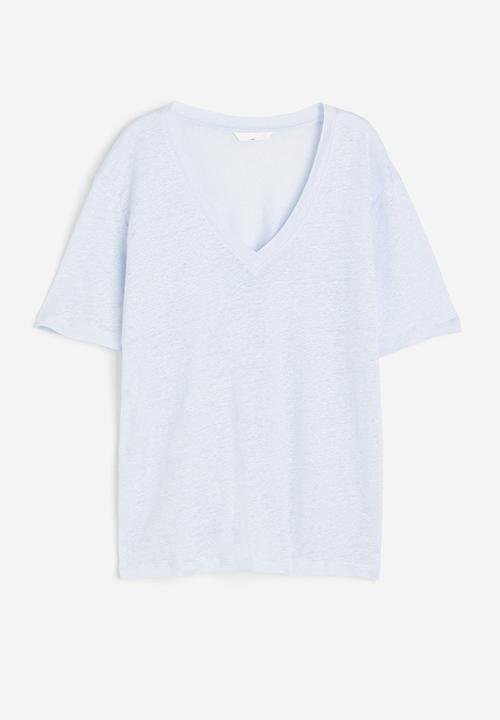 H&M - V-neck linen-jersey T-shirt - light blue 