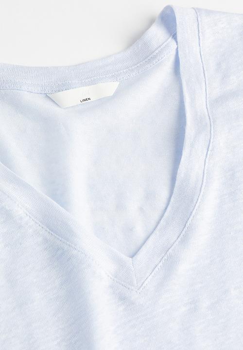 H&M - V-neck linen-jersey T-shirt - light blue 