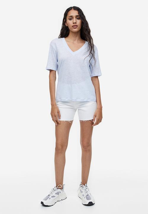 H&M - V-neck linen-jersey T-shirt - light blue 
