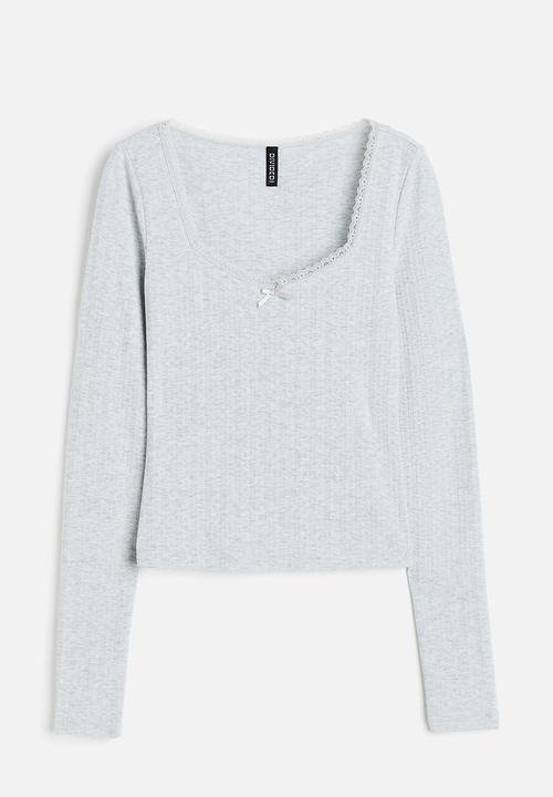 H&M - Lace-trimmed pointelle jersey top - light grey marl 