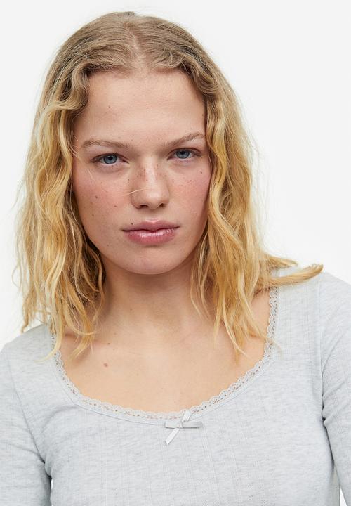 H&M - Lace-trimmed pointelle jersey top - light grey marl 