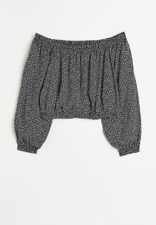 H&M - Off-the-shoulder blouse - black / small flowers