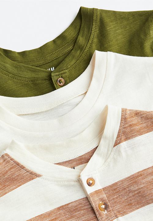 H&M - 3-pack henley tops - dark khaki green/natural white 