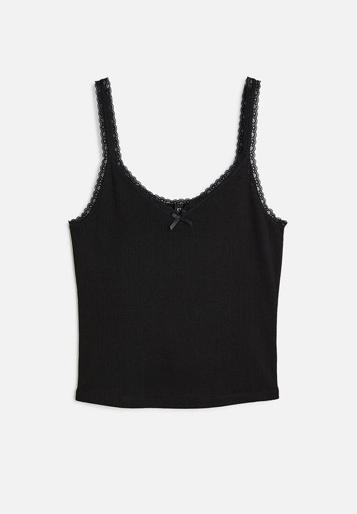 H&M - Lace trimmed ribbed vest top - black