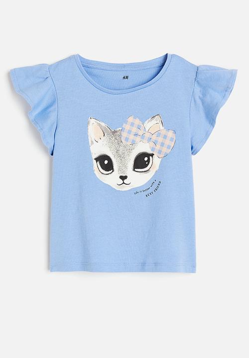 H&M - Flutter-sleeved jersey top - blue / cat 