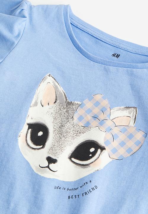 H&M - Flutter-sleeved jersey top - blue / cat 