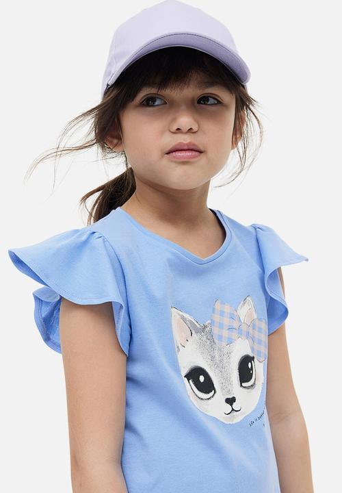 H&M - Flutter-sleeved jersey top - blue / cat 