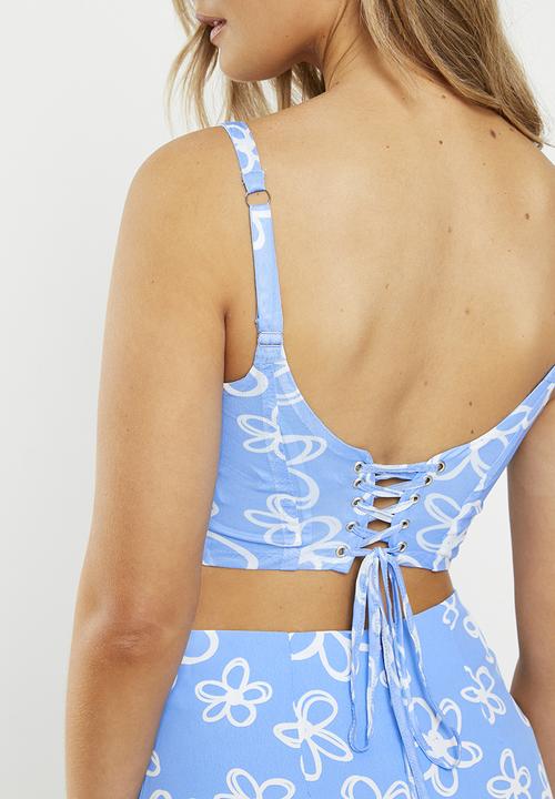 Glamorous - Scribble daisy mesh corset top - blue