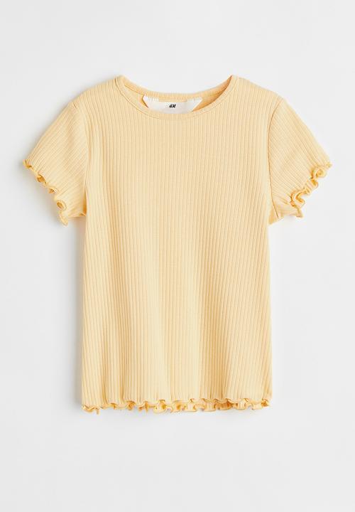 H&M - Short-sleeved ribbed top - light yellow 
