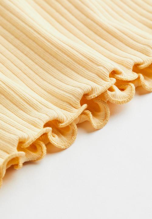 H&M - Short-sleeved ribbed top - light yellow 