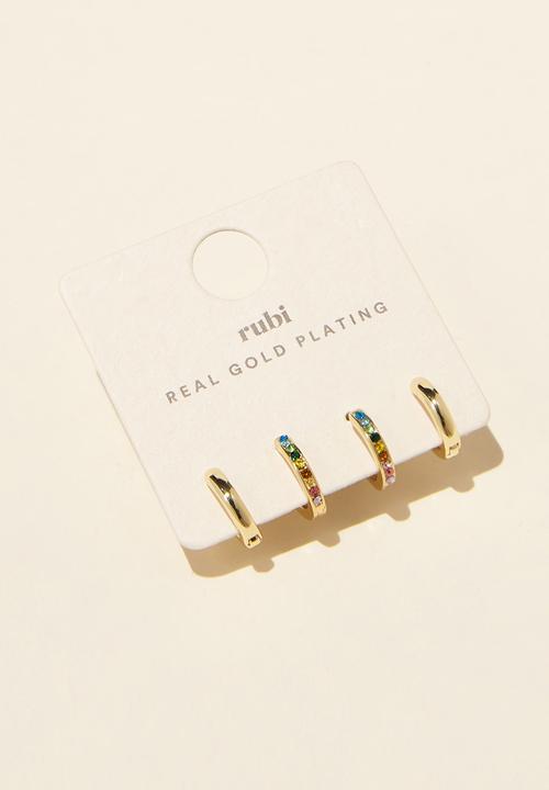 Rubi - Huggie hoop earring - gold plated rainbow diamante