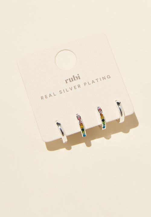 Rubi - Huggie hoop earring - sterling silver plated rainbow diamante