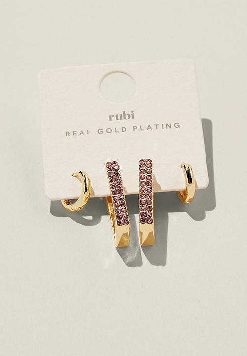 Rubi - 2 Pack mid earring - gold plated rectangle pink dia