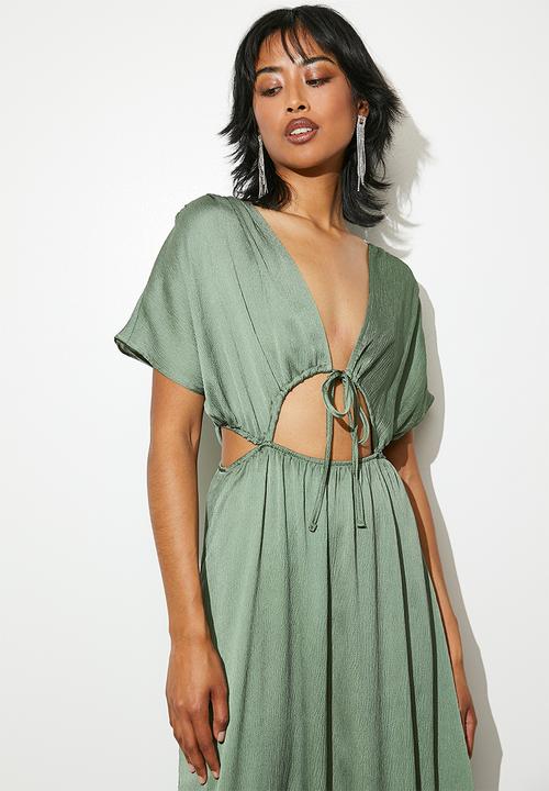 VELVET - Satin side cut out fit & flare dress - dark sage