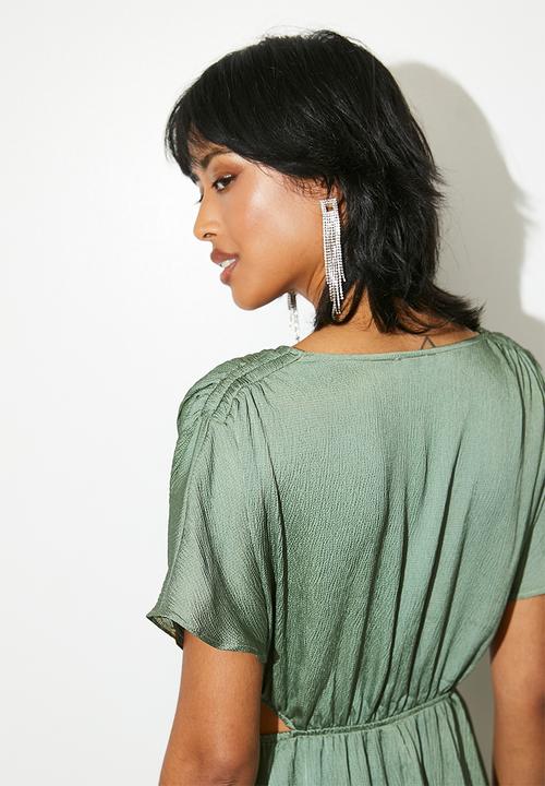 VELVET - Satin side cut out fit & flare dress - dark sage