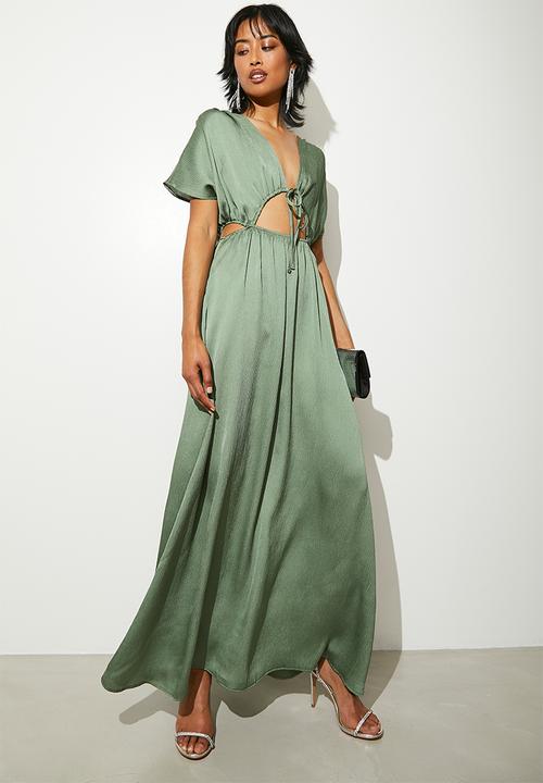 VELVET - Satin side cut out fit & flare dress - dark sage