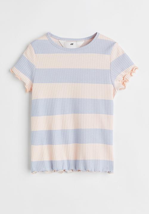 H&M - Short-sleeved ribbed top - light blue striped