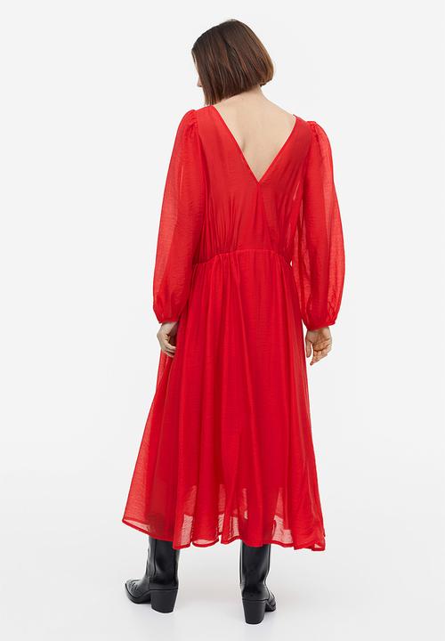H&M - Balloon-sleeved v-neck dress - red