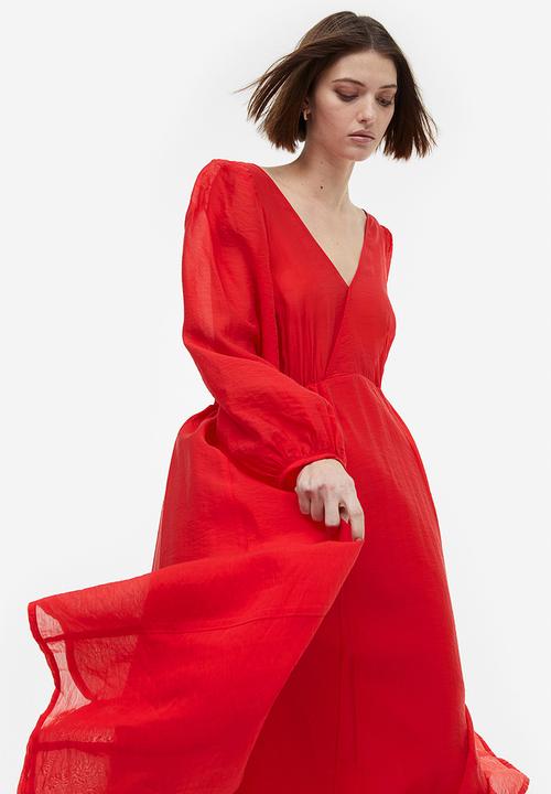 H&M - Balloon-sleeved v-neck dress - red