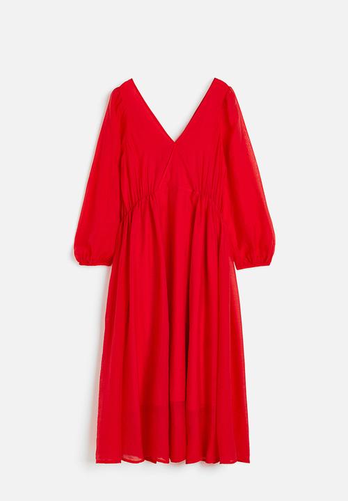 H&M - Balloon-sleeved v-neck dress - red