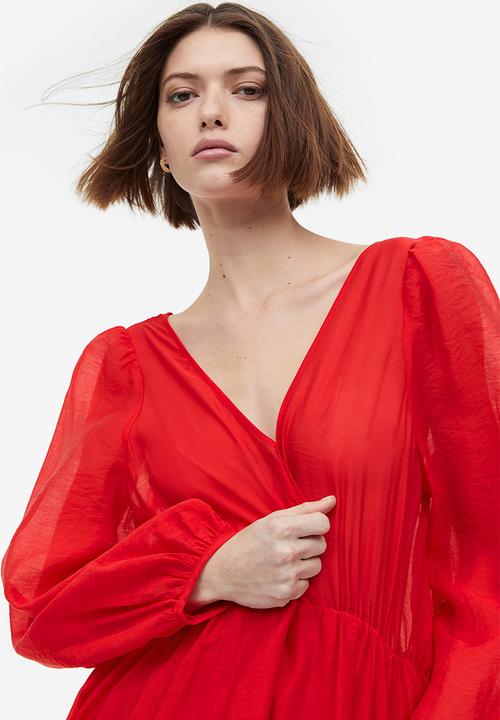H&M - Balloon-sleeved v-neck dress - red