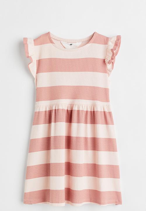 H&M - Flutter-sleeved ribbed dress - powder pink & striped 