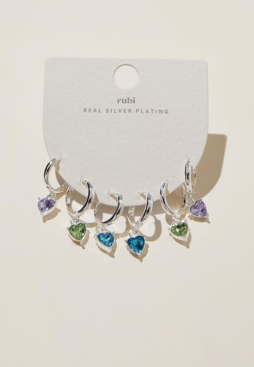 Rubi - 3 Pack mid earring - silver plated dia heart blue lilac periodt