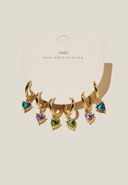 Rubi - 3 Pack mid earring - gold plated dia heart blue lilac periodt