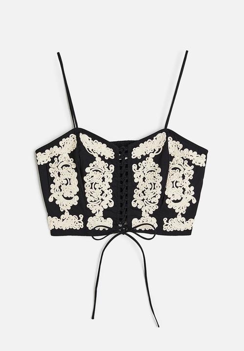 H&M - Drawstring-detail top - black patterned 