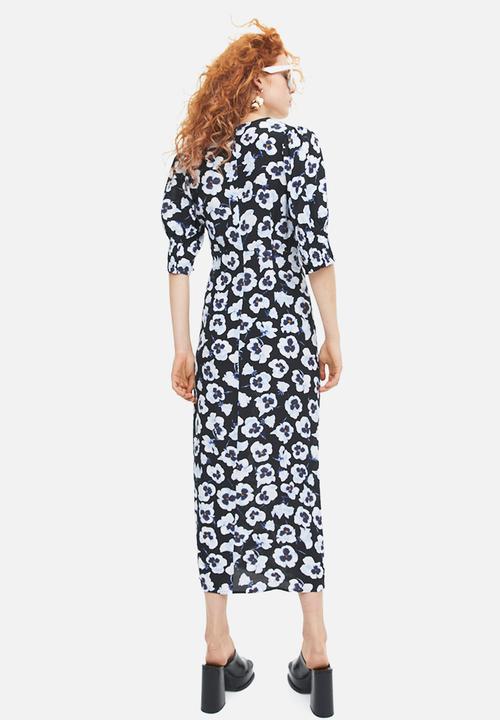 H&M - Puff-sleeved crêpe dress - black floral