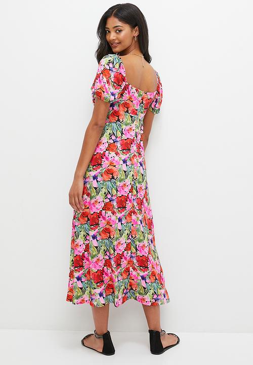 MILLA - Empire midi dress with slit - tropical watercolour