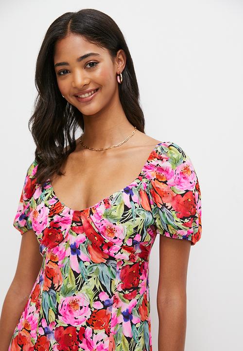 MILLA - Empire midi dress with slit - tropical watercolour