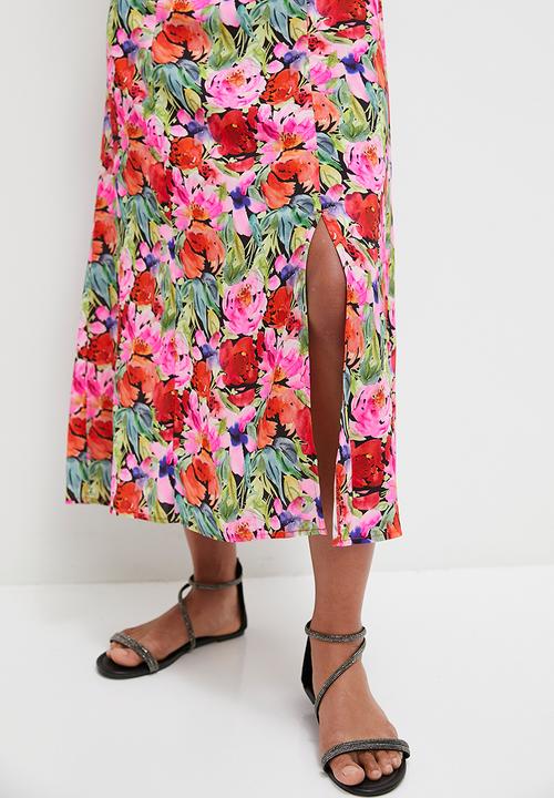 MILLA - Empire midi dress with slit - tropical watercolour