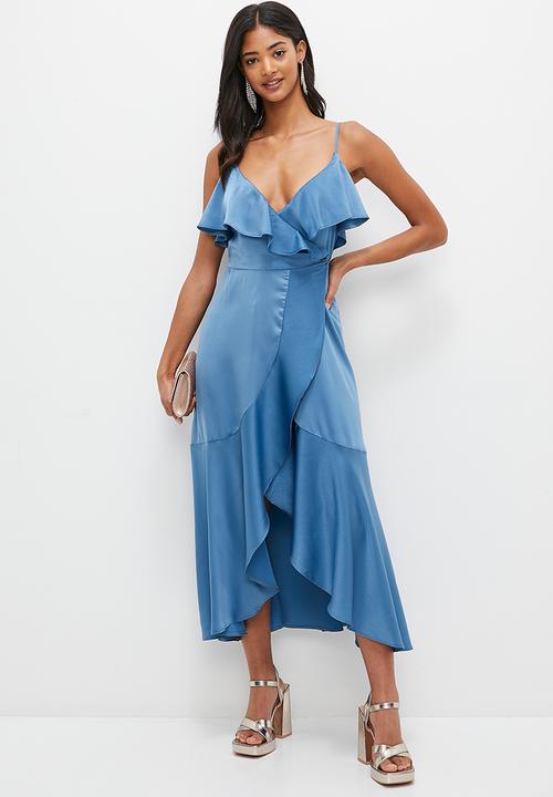 MILLA - Ruffle detail satin wrap dress - coronet blue