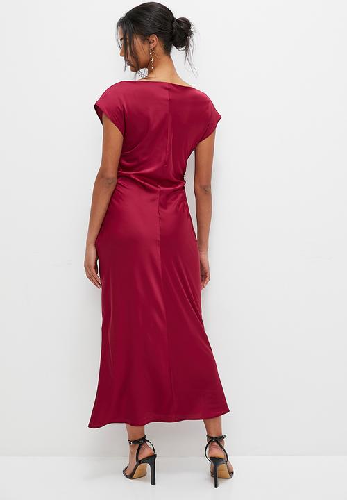 MILLA - Slash neck satin bias dress - burgundy