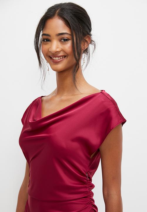 MILLA - Slash neck satin bias dress - burgundy