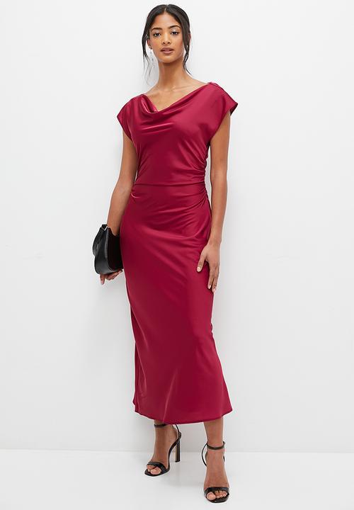 MILLA - Slash neck satin bias dress - burgundy