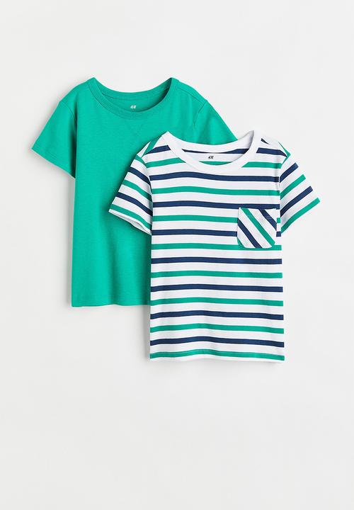 H&M - 2-pack cotton t-shirts - bright green / striped 