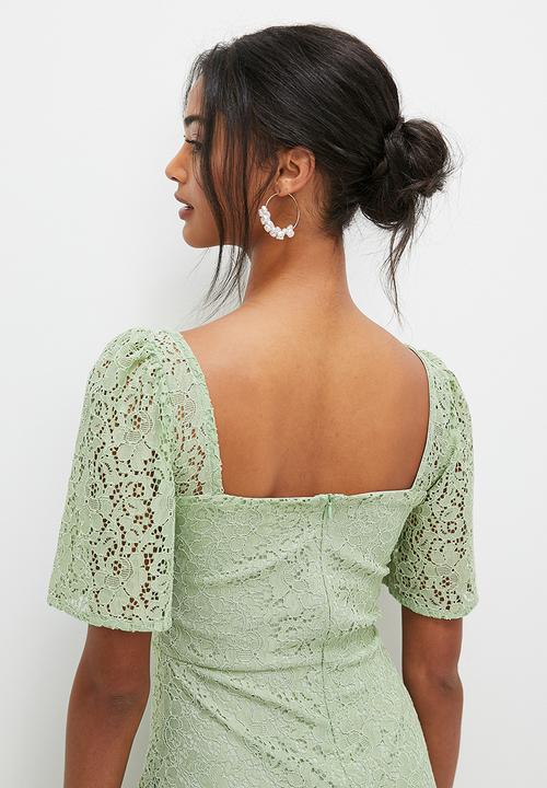 MILLA - Lace empire midi dress with flutter sleeve - green