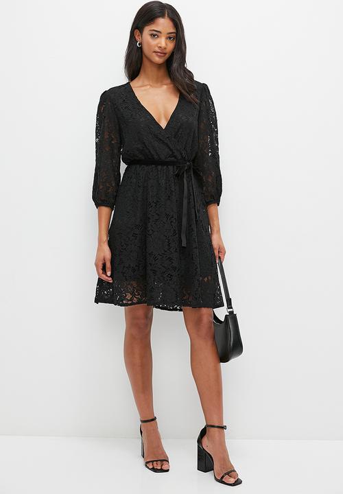 MILLA - Lace balloon sleeve mini dress - black