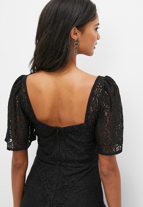 MILLA - Lace empire midi dress with flutter sleeve - black