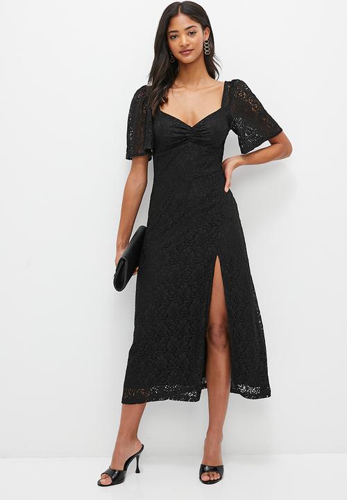 MILLA - Lace empire midi dress with flutter sleeve - black