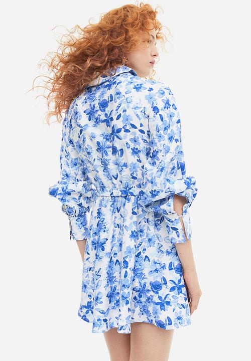 H&M - Tie-belt dress - white blue floral 