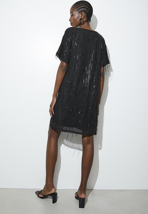 VELVET - Fringe sequin mini shift dress - black