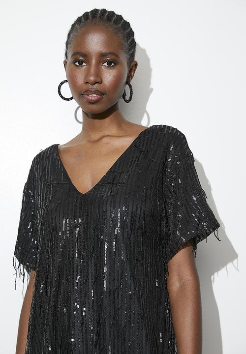 VELVET - Fringe sequin mini shift dress - black