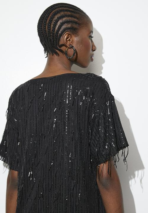 VELVET - Fringe sequin mini shift dress - black