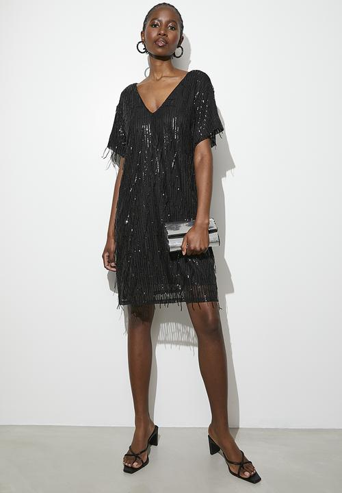 VELVET - Fringe sequin mini shift dress - black